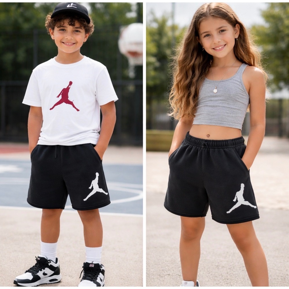 Jordan Kids Jumpman Fleece Athletic Shorts Black White Logo Drawstring Waist Med